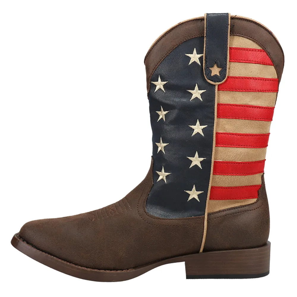American Patriotic Square Toe Pull On Cowboy Boots