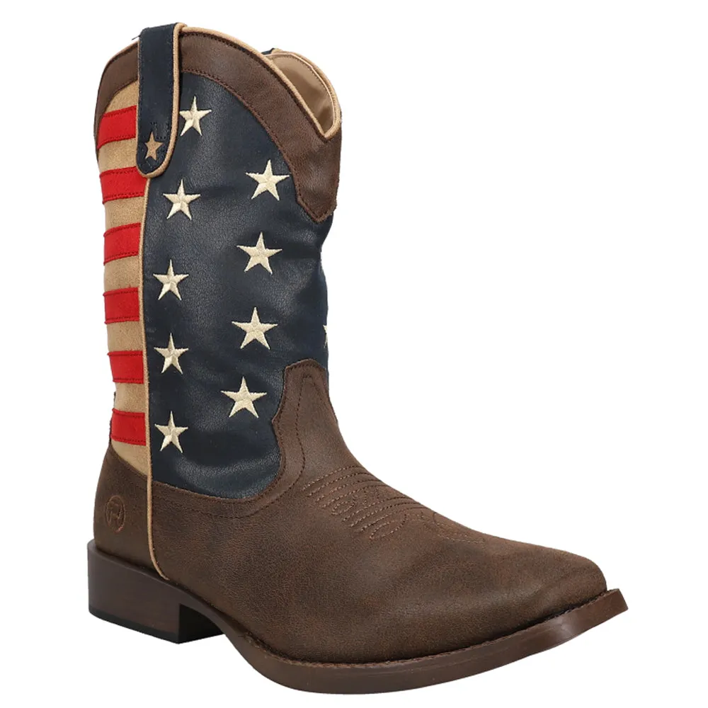 American Patriotic Square Toe Pull On Cowboy Boots