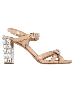 Bow Detail Ankle Strap Crystal Heel Sandals in Patent Leather