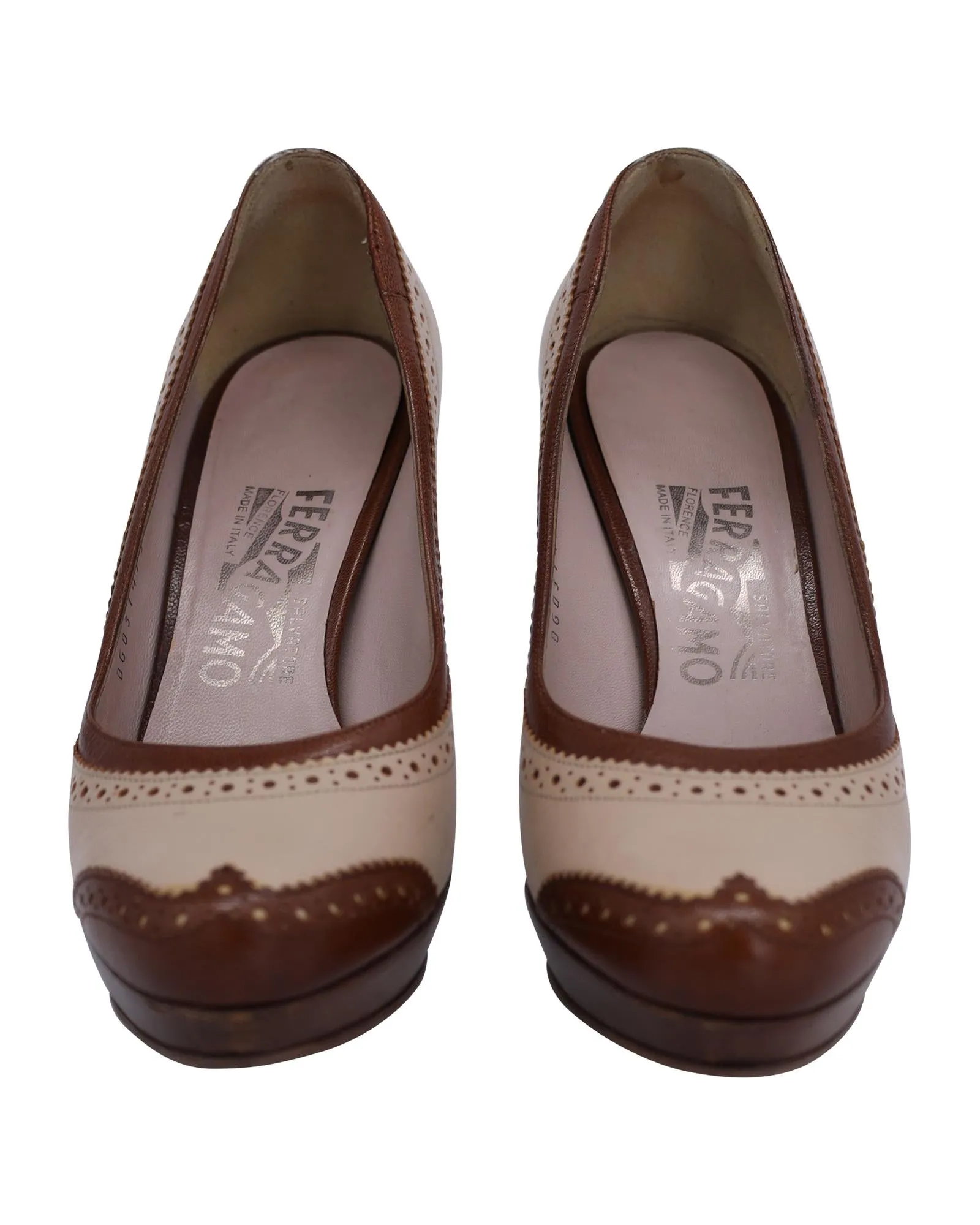 Brogue Platform Leather Pumps with Heel Detailing