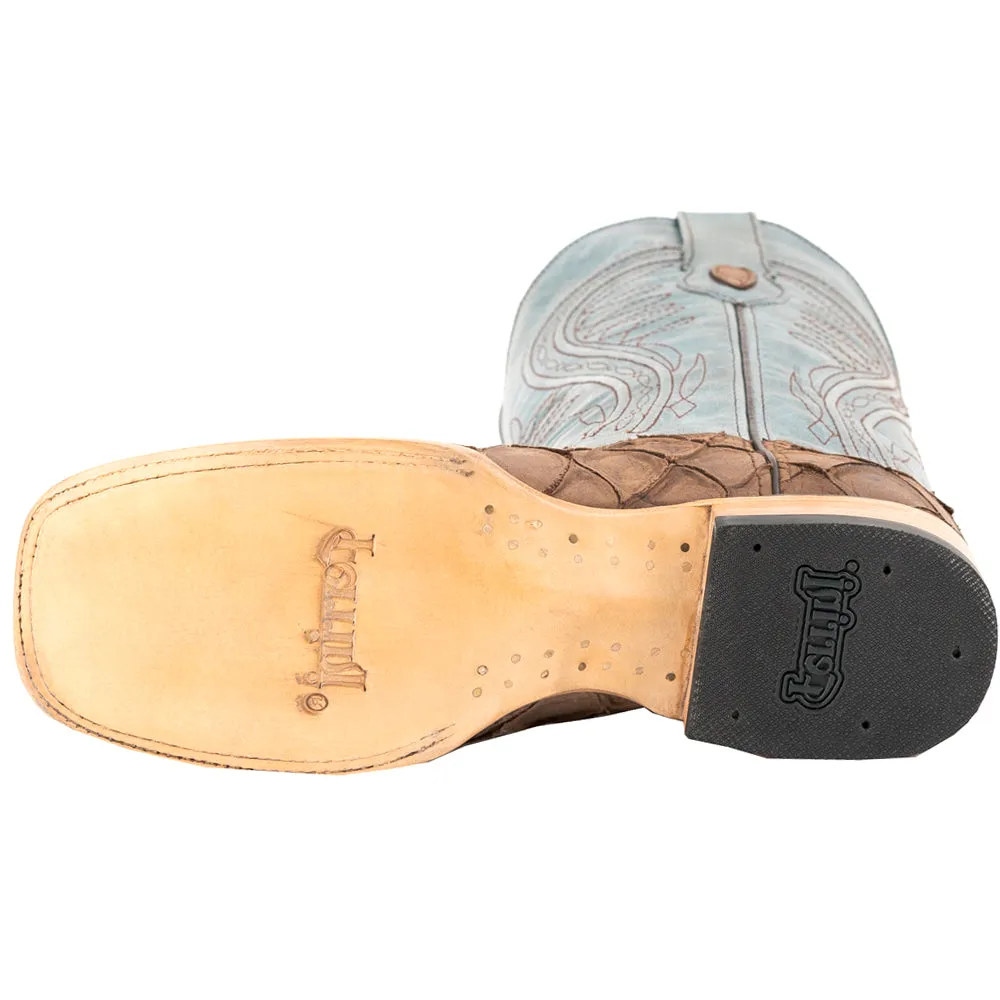 Bronco Pirarucu Print Embroidered Square Toe Cowboy Boots