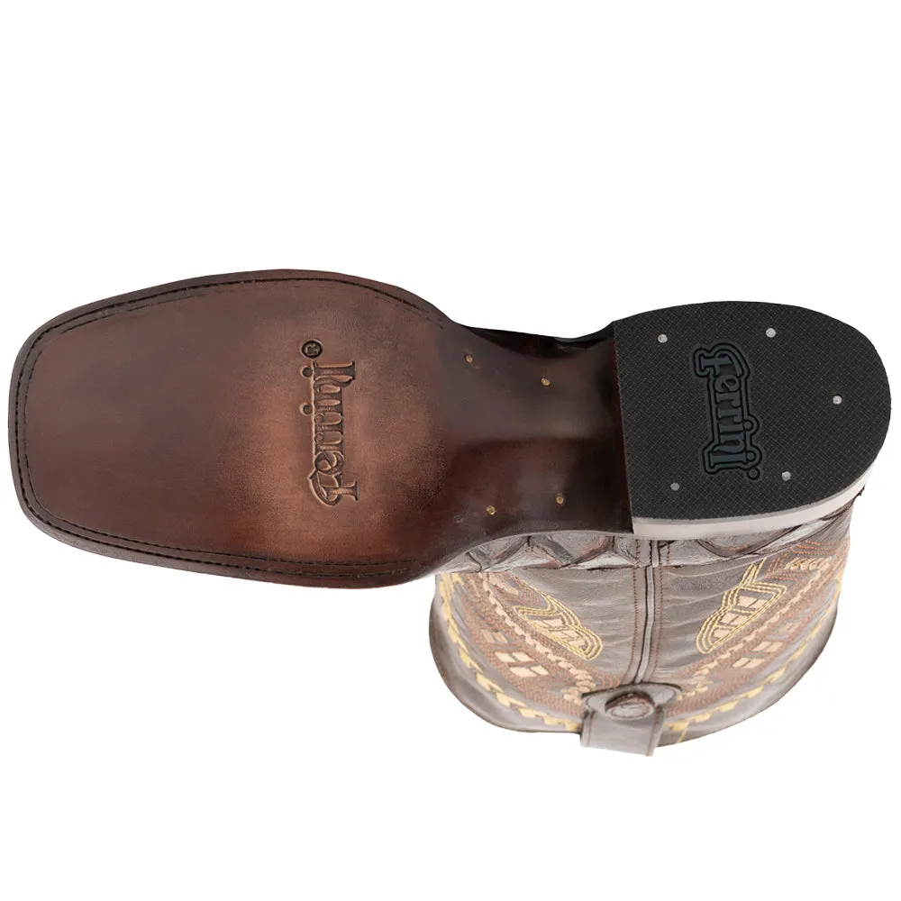 Bronco Pirarucu Print Embroidered Square Toe Cowboy Boots