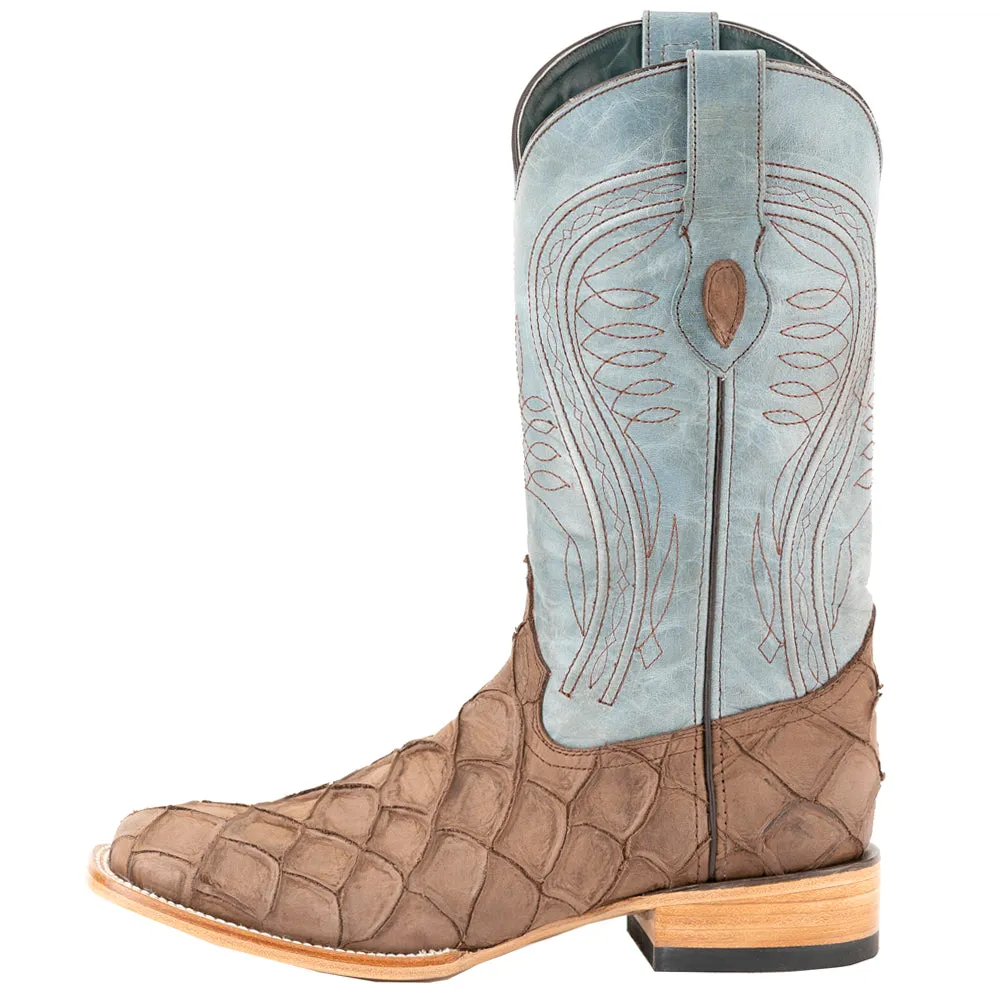 Bronco Pirarucu Print Embroidered Square Toe Cowboy Boots