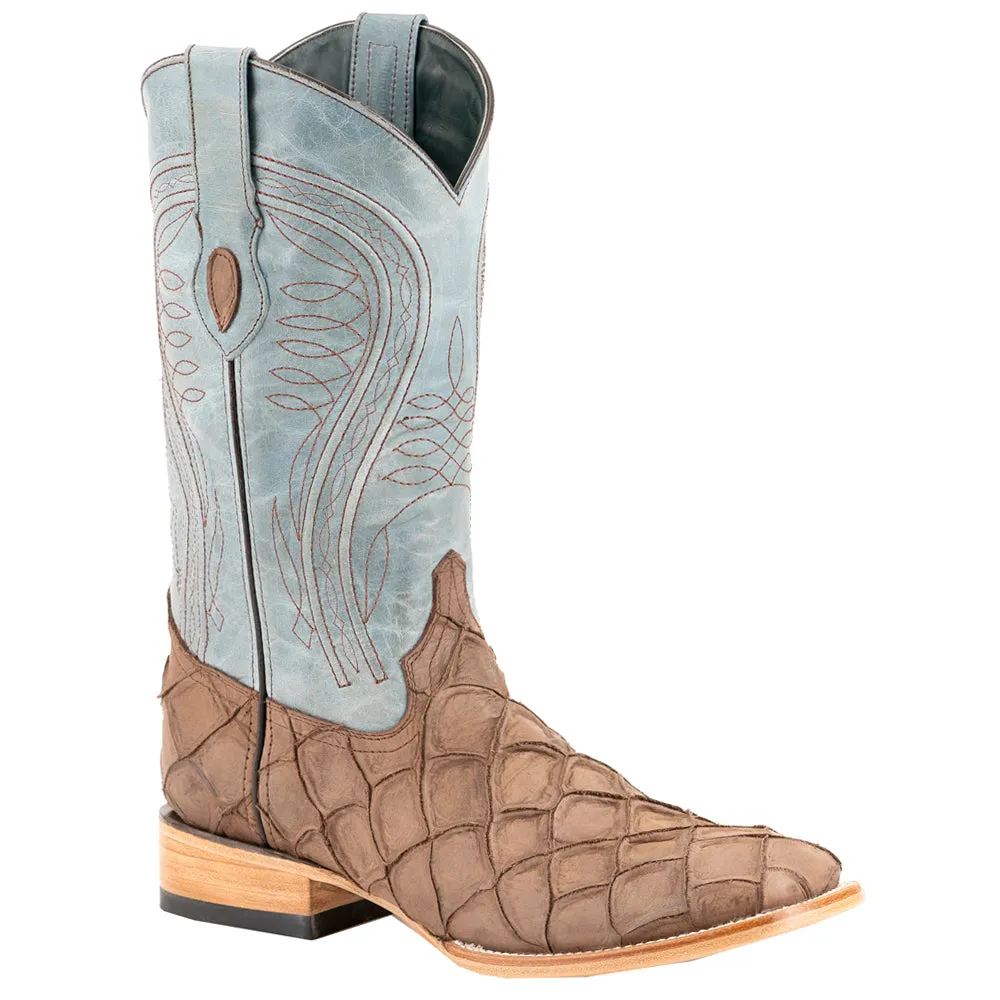 Bronco Pirarucu Print Embroidered Square Toe Cowboy Boots