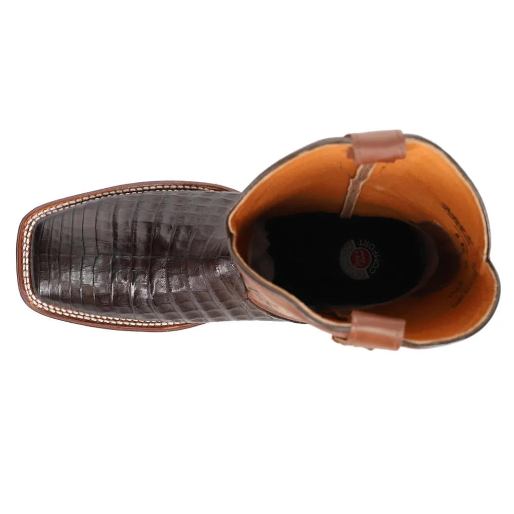 Canyon Embroidered Caiman Belly Tail Square Toe Pull On Cowboy Boots
