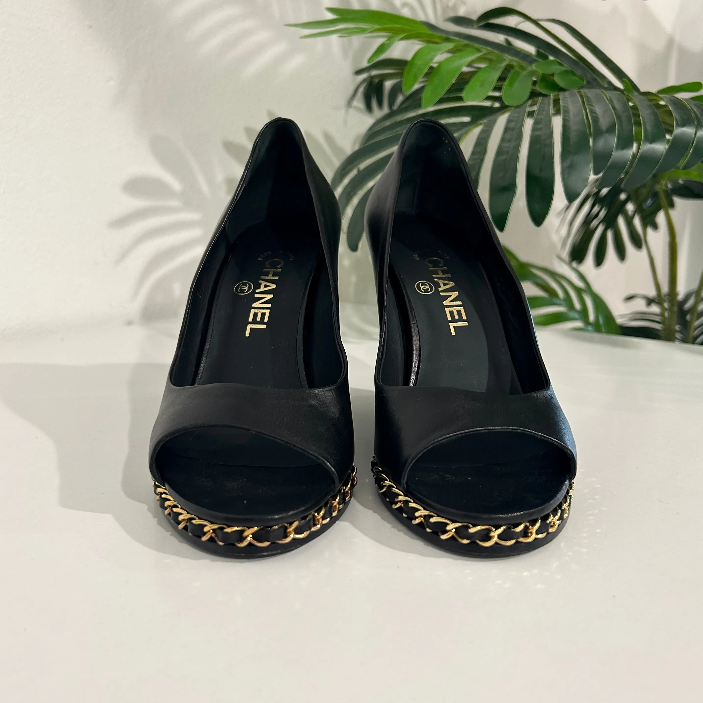 Chanel Black Chain Trim Wedges