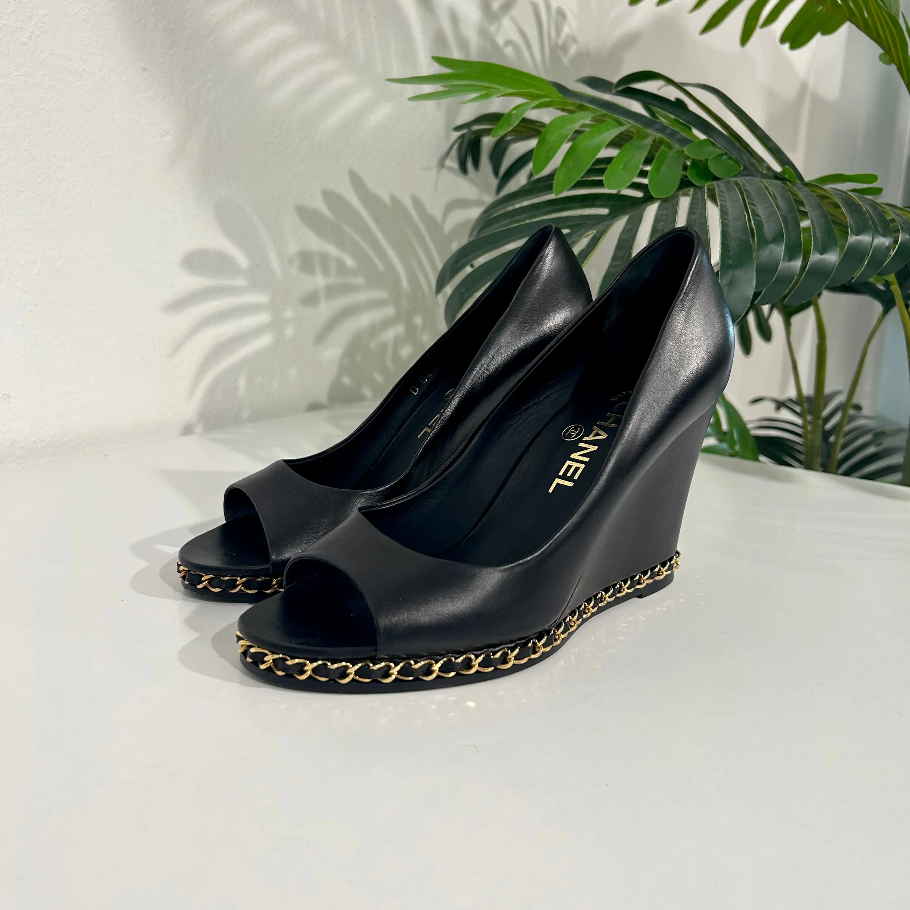 Chanel Black Chain Trim Wedges