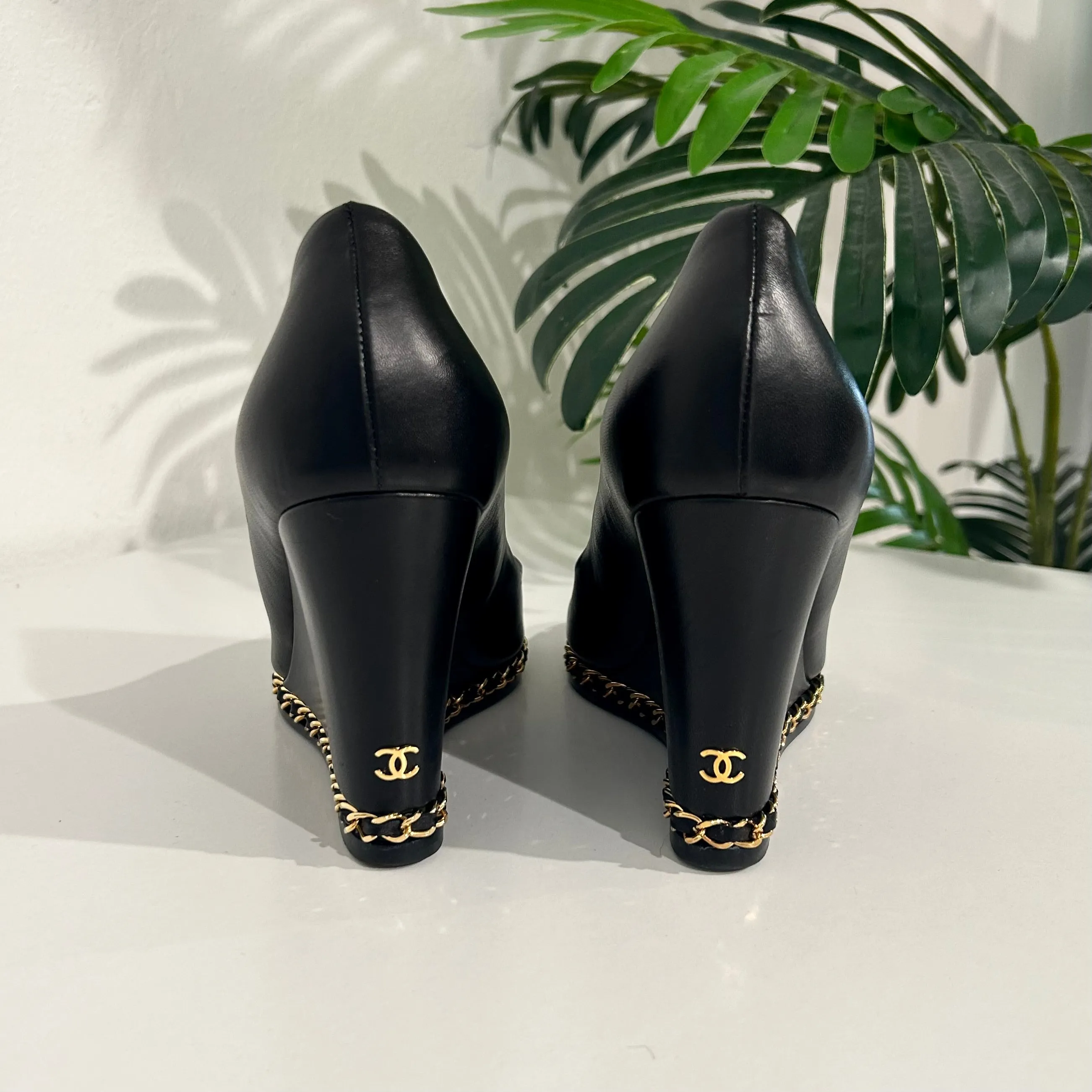 Chanel Black Chain Trim Wedges