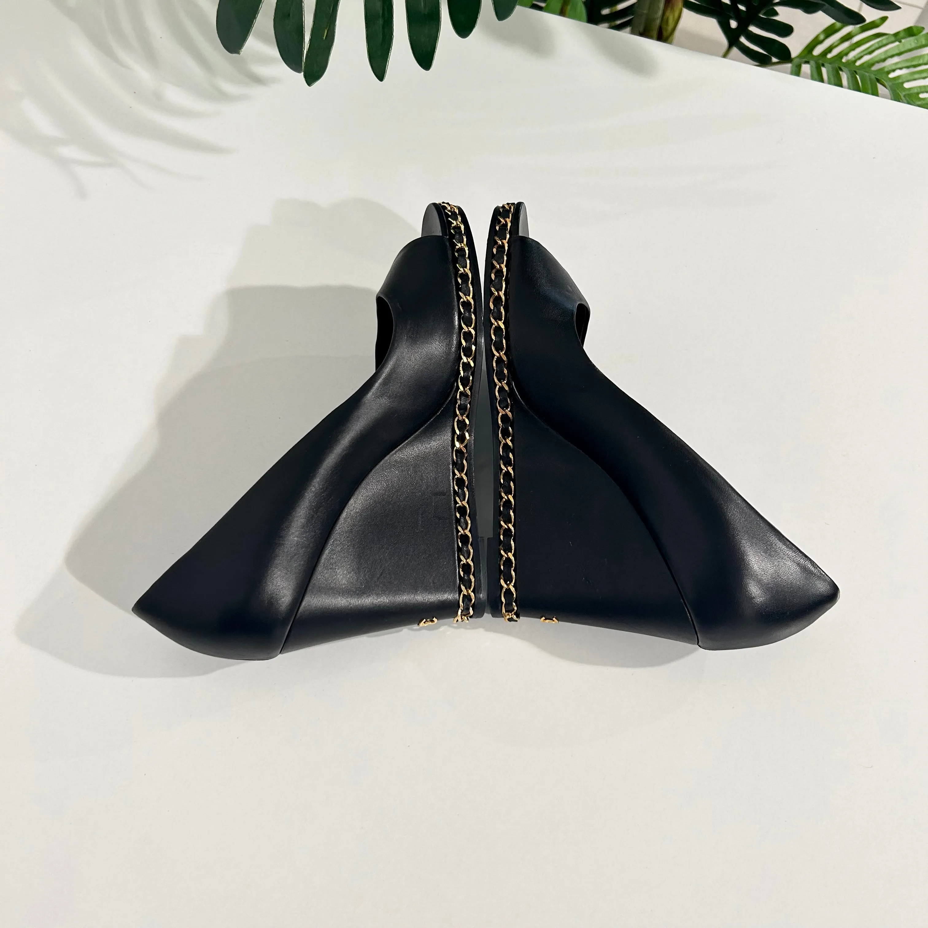 Chanel Black Chain Trim Wedges