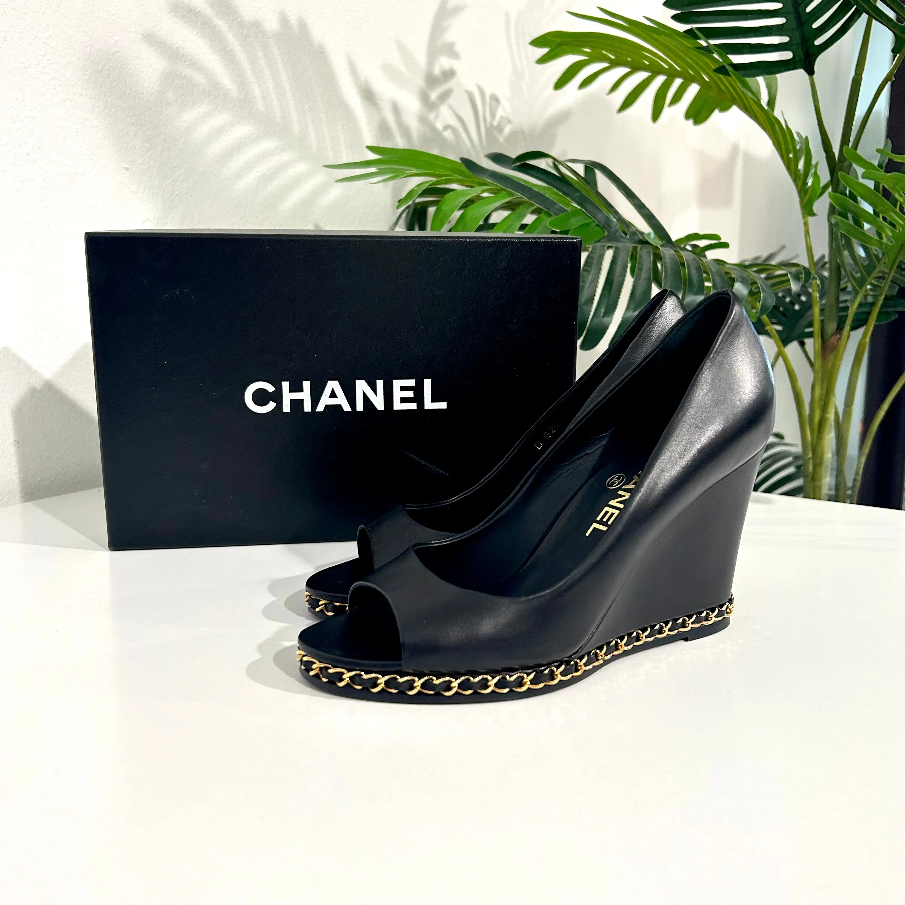 Chanel Black Chain Trim Wedges