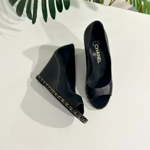 Chanel Black Chain Trim Wedges