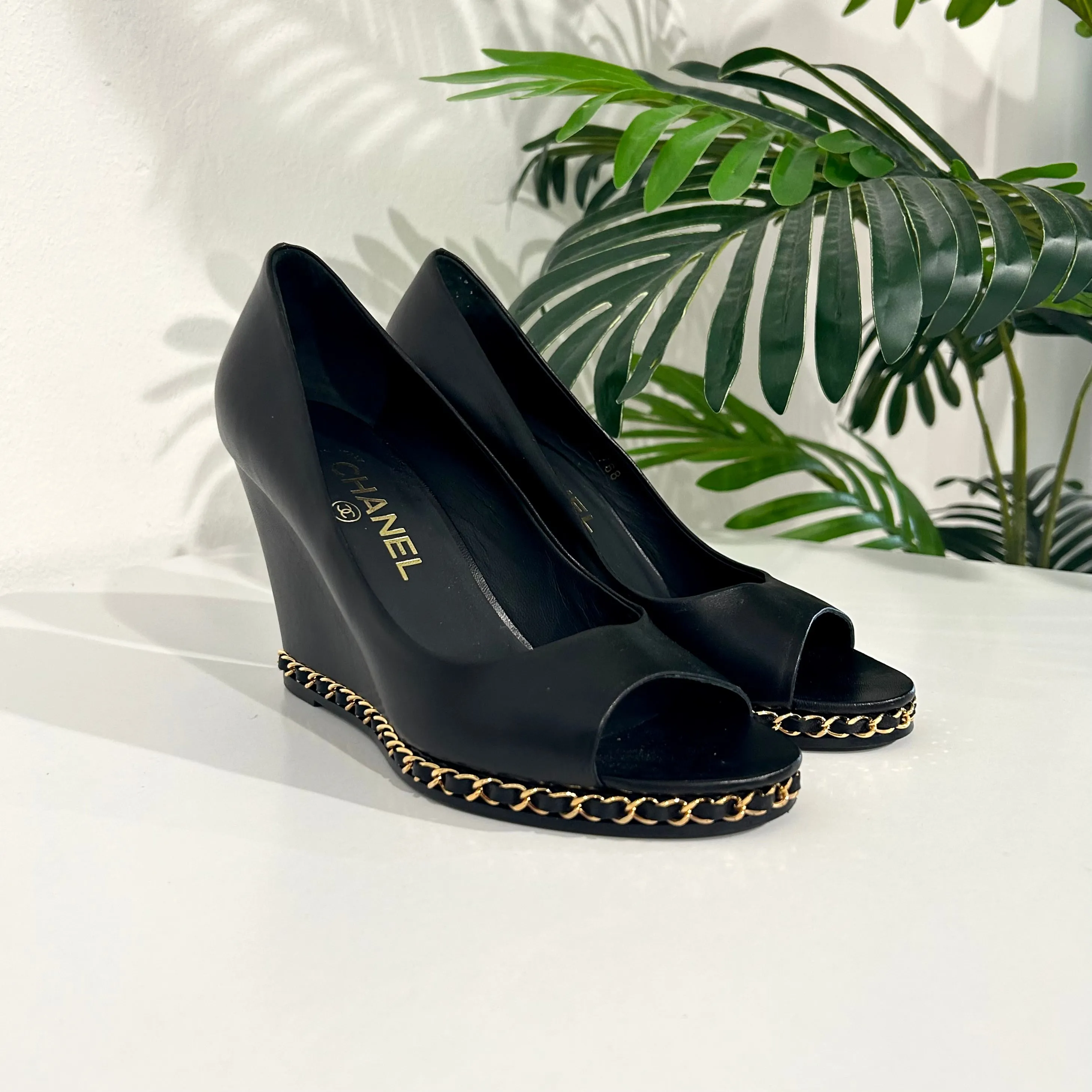 Chanel Black Chain Trim Wedges