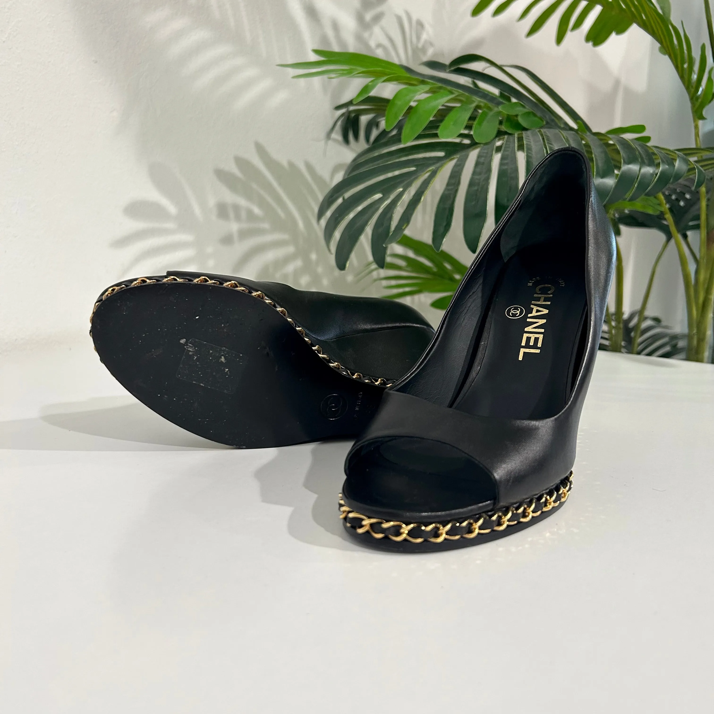 Chanel Black Chain Trim Wedges
