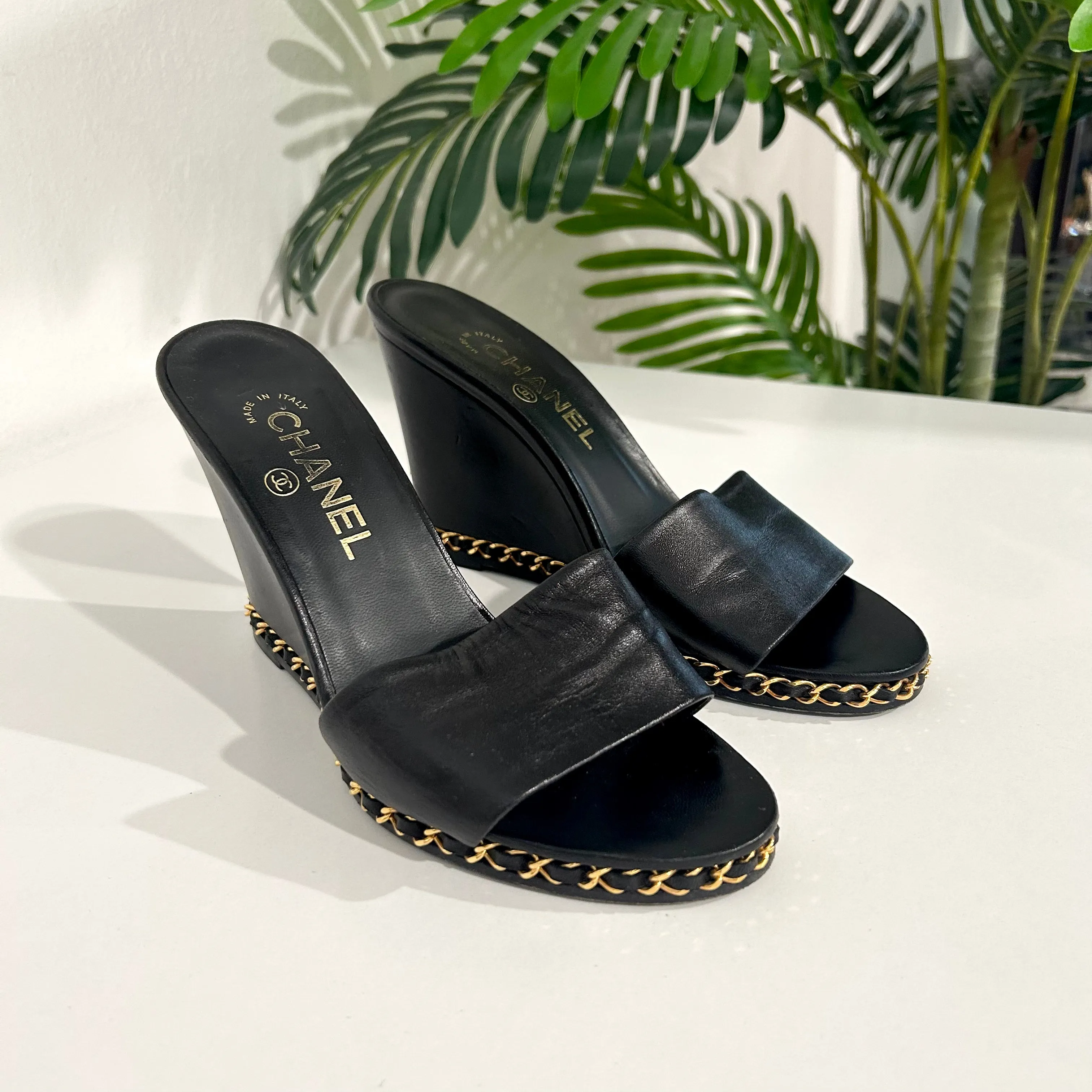 Chanel Chain Trim Black Wedges