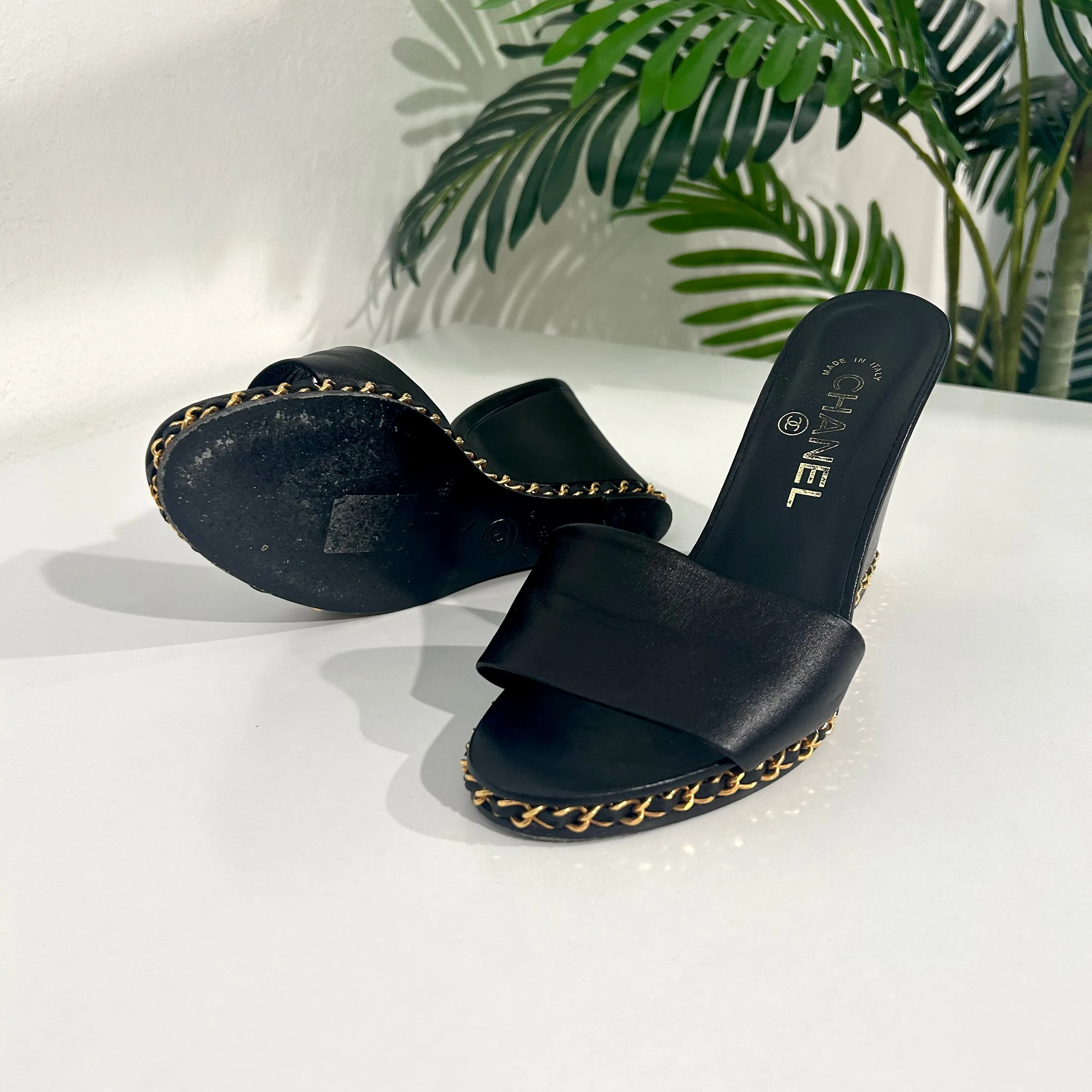 Chanel Chain Trim Black Wedges