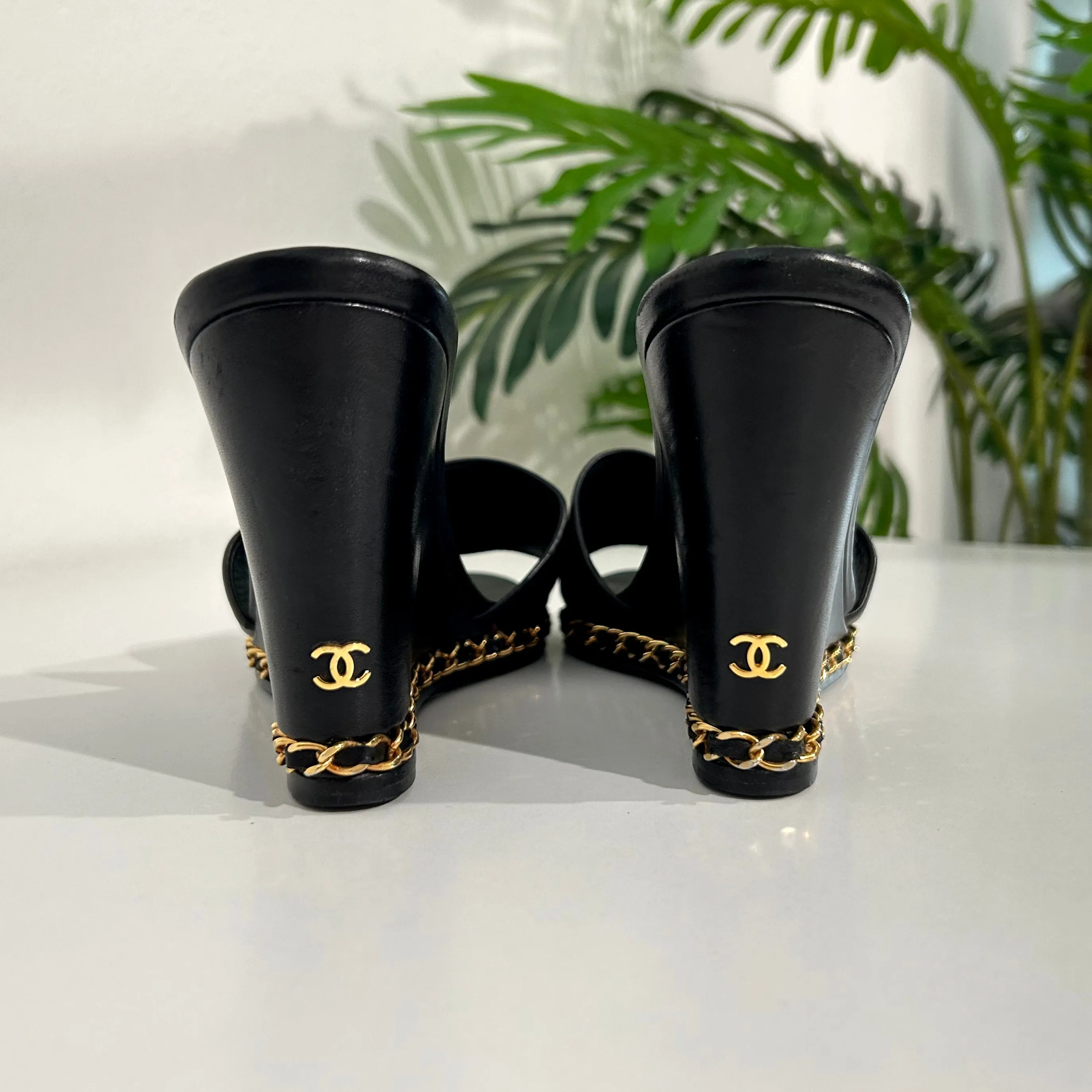 Chanel Chain Trim Black Wedges