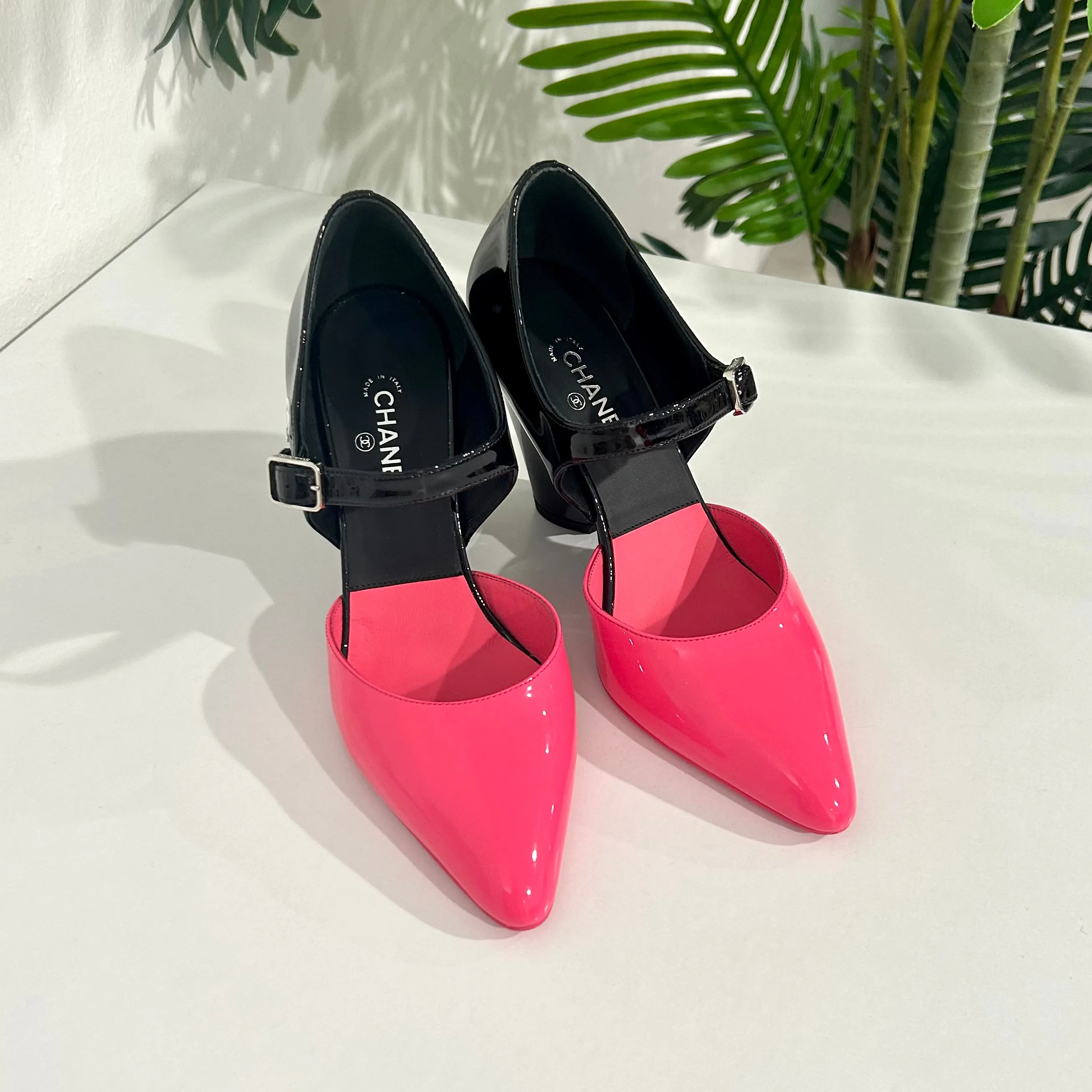 Chanel Neon Pink & Black Mary Jane Wedges