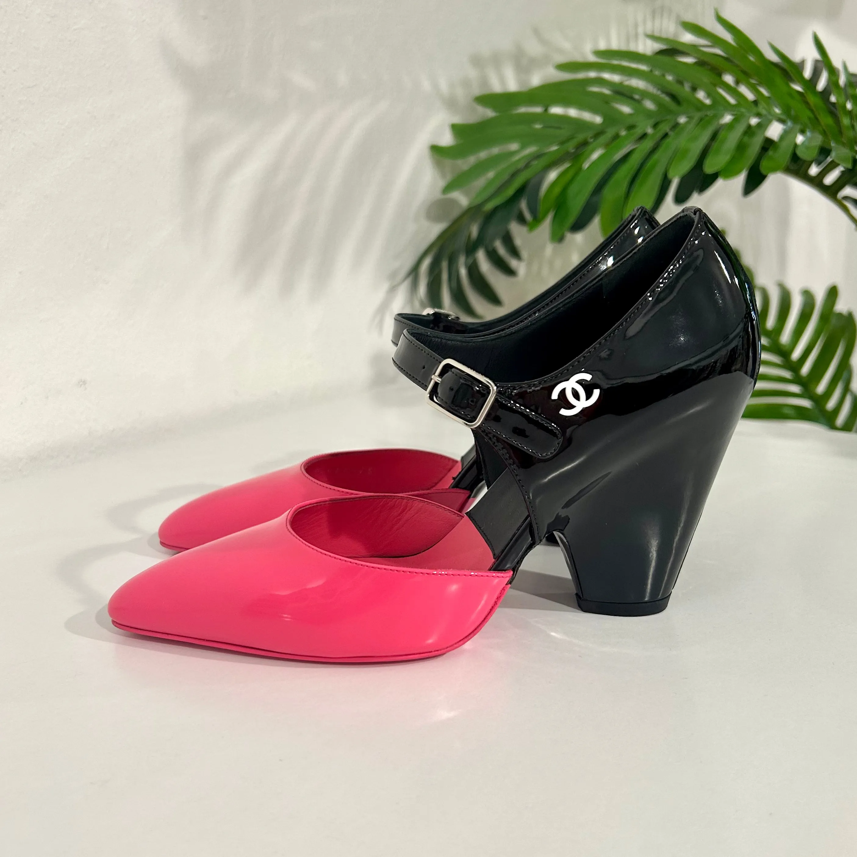 Chanel Neon Pink & Black Mary Jane Wedges