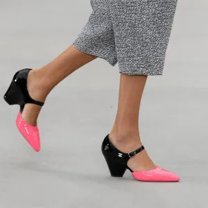 Chanel Neon Pink & Black Mary Jane Wedges