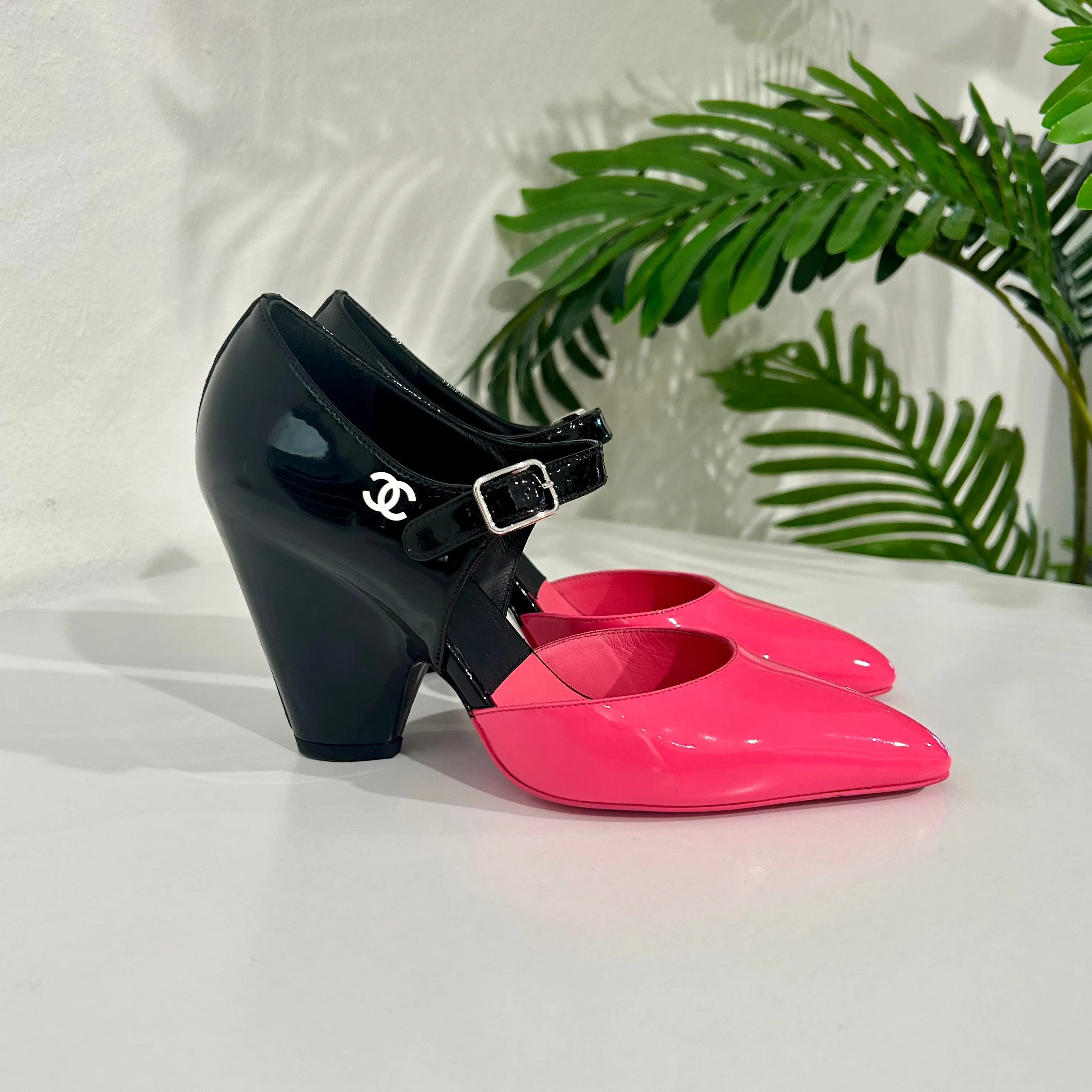 Chanel Neon Pink & Black Mary Jane Wedges