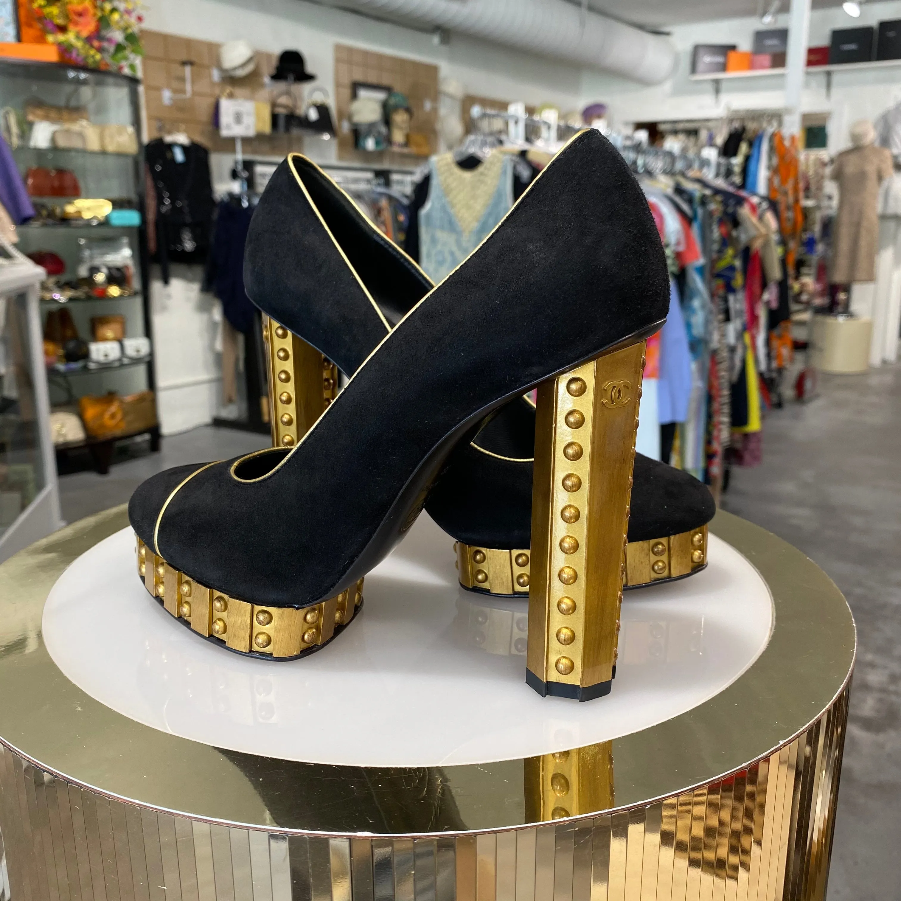 Chanel Runway Riveted Gold Platform Heels