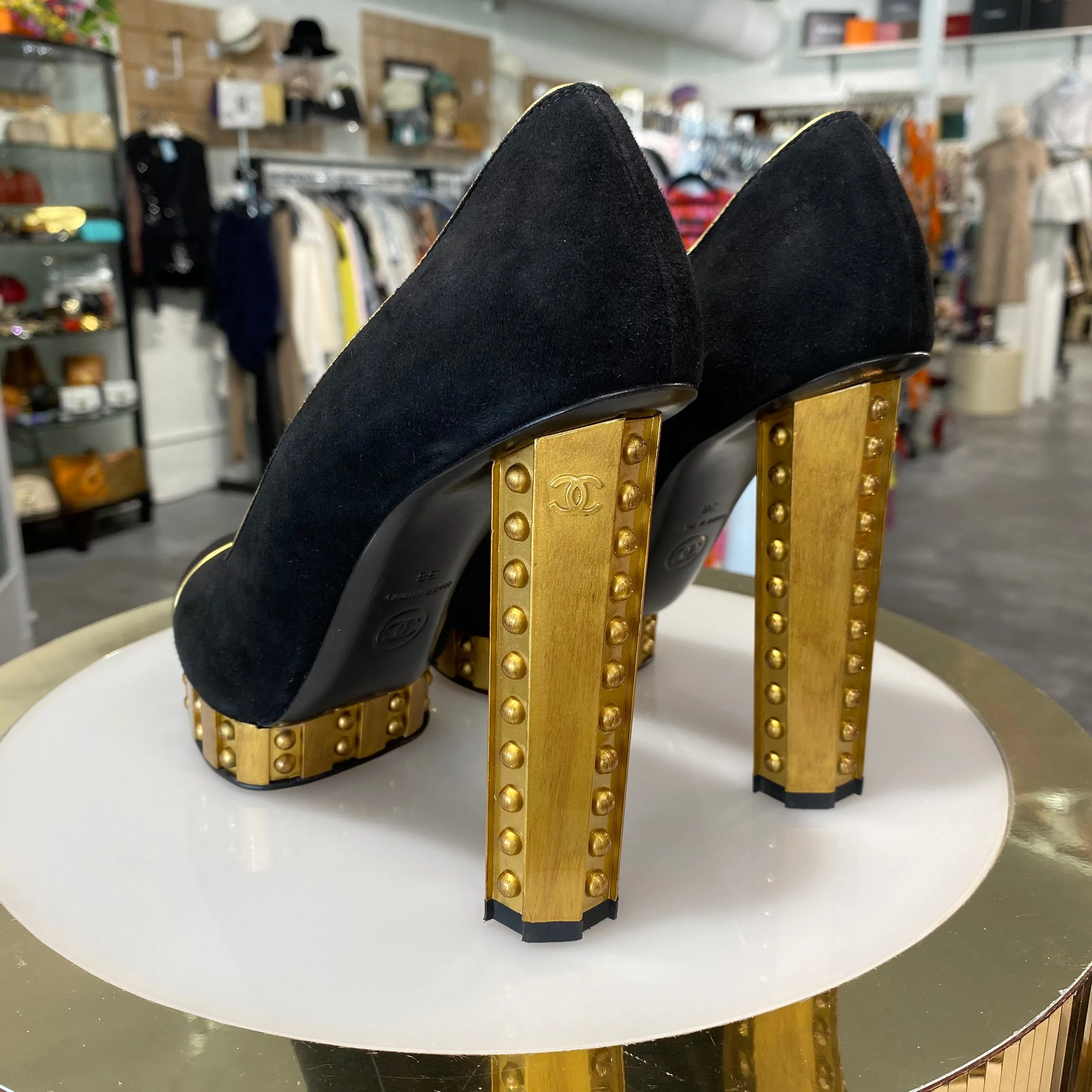 Chanel Runway Riveted Gold Platform Heels