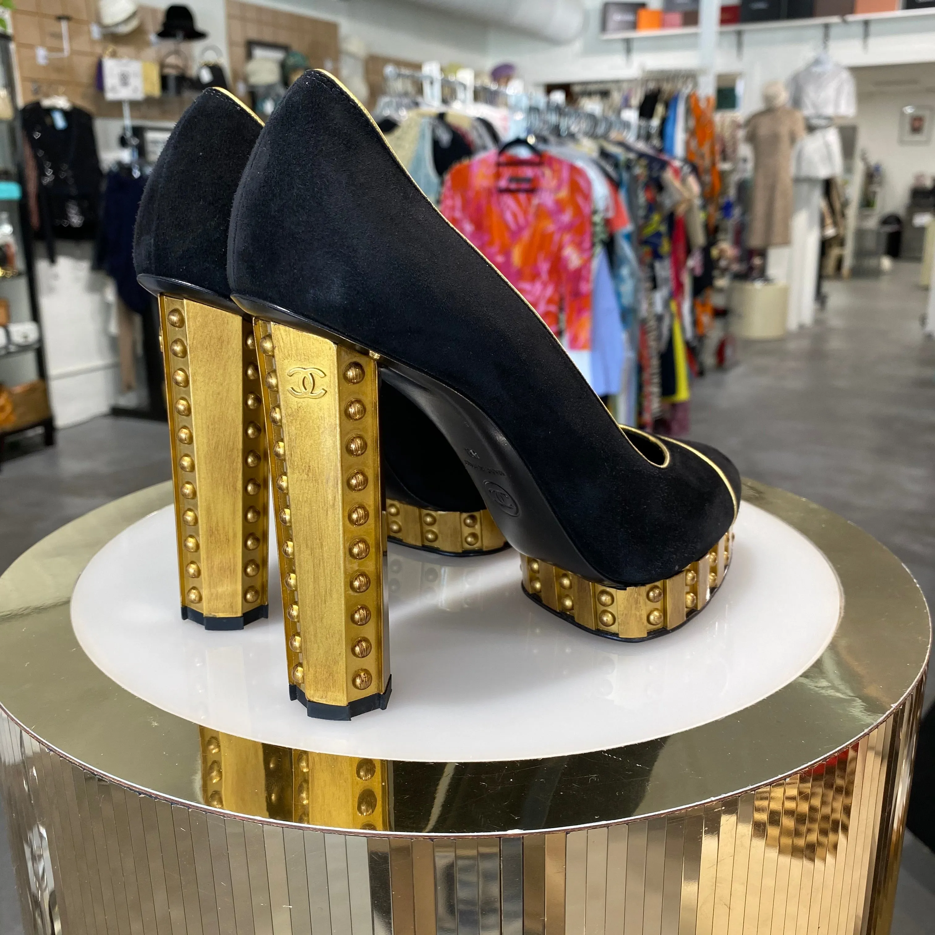 Chanel Runway Riveted Gold Platform Heels