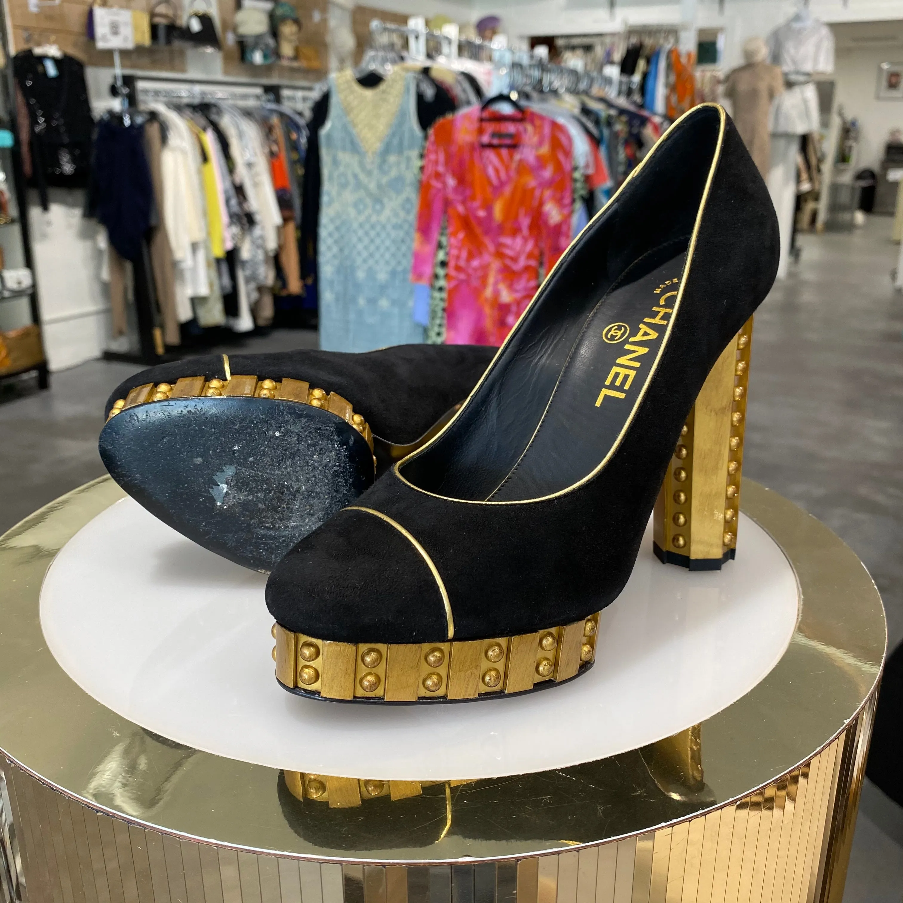 Chanel Runway Riveted Gold Platform Heels