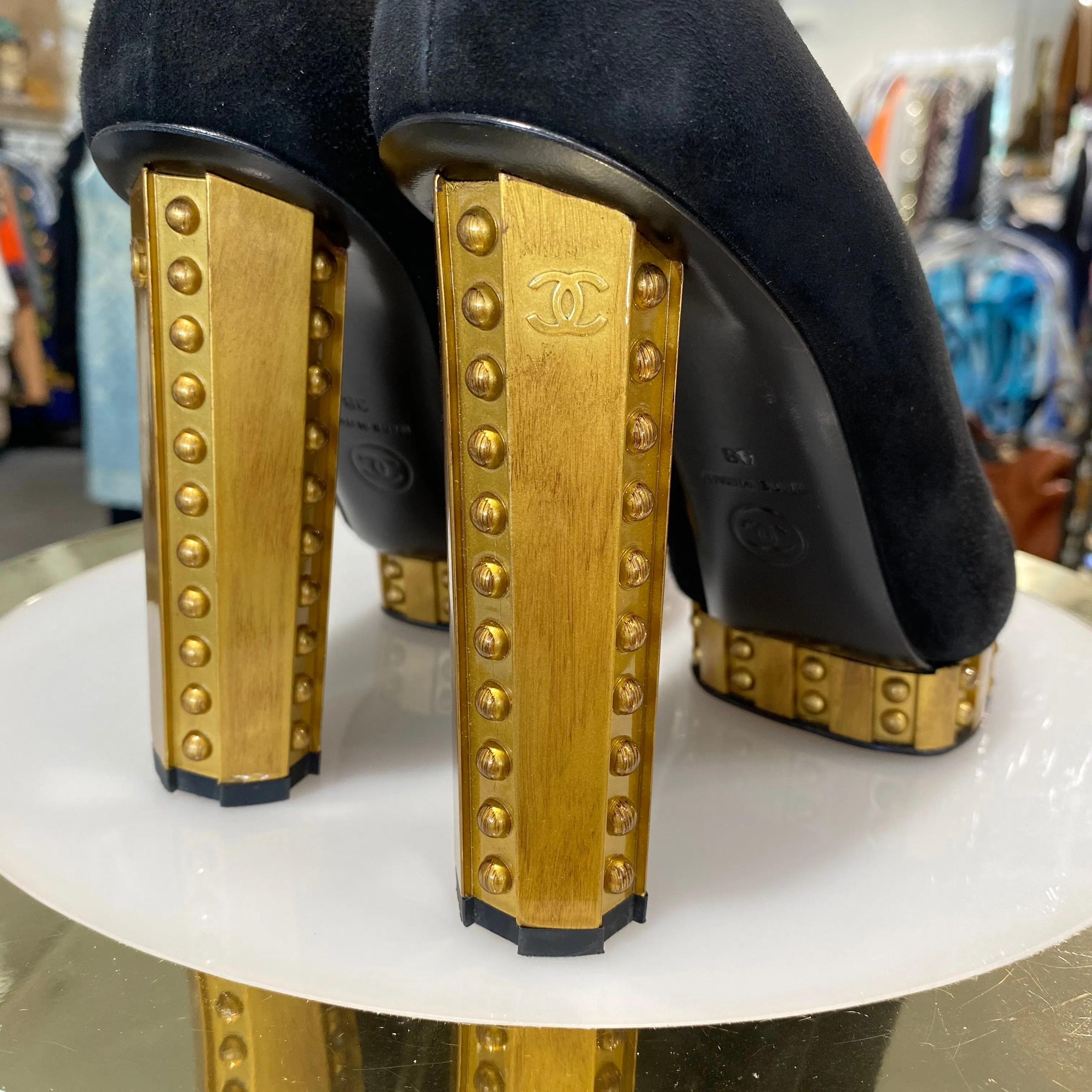 Chanel Runway Riveted Gold Platform Heels