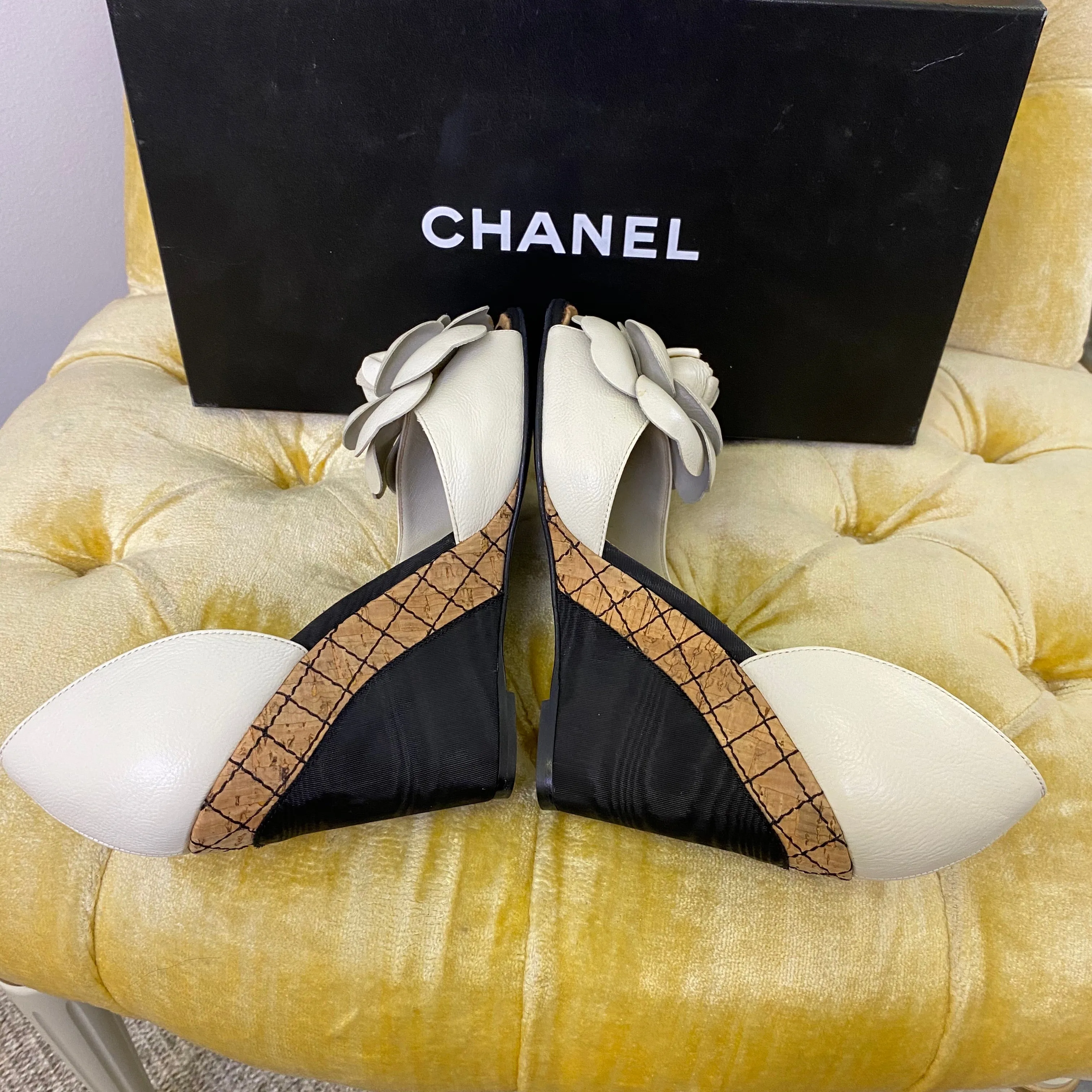 Chanel White Camellia Wedges