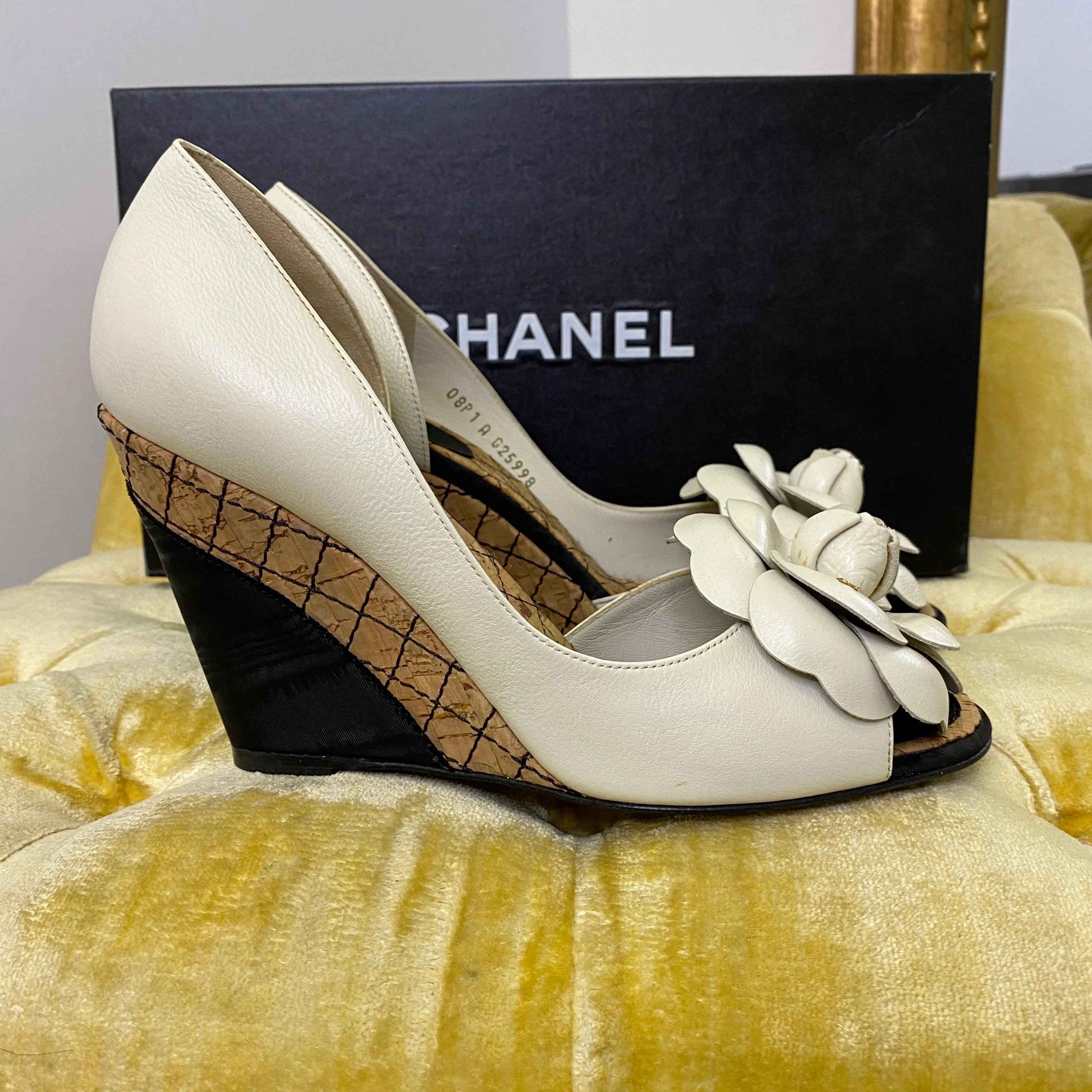 Chanel White Camellia Wedges
