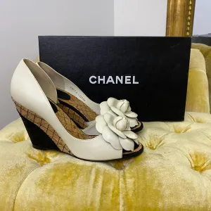 Chanel White Camellia Wedges