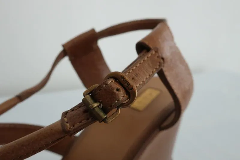 Chloe Platform Wedge Sandals Tan Leather Size 40 Slingback Heel