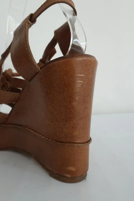 Chloe Platform Wedge Sandals Tan Leather Size 40 Slingback Heel