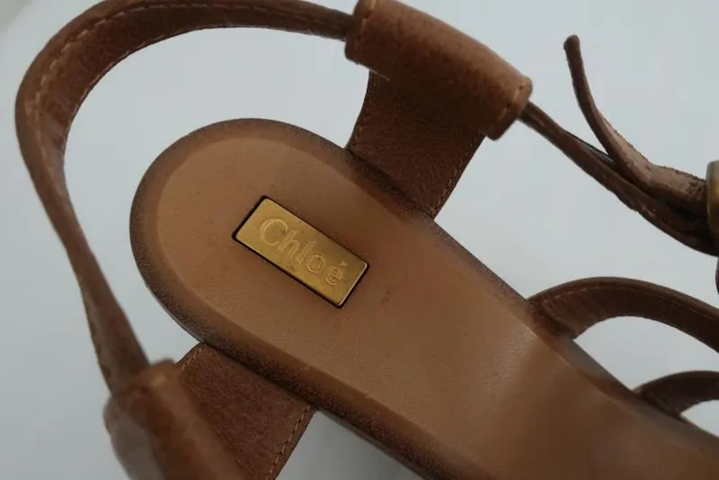 Chloe Platform Wedge Sandals Tan Leather Size 40 Slingback Heel