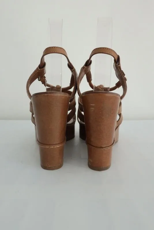 Chloe Platform Wedge Sandals Tan Leather Size 40 Slingback Heel