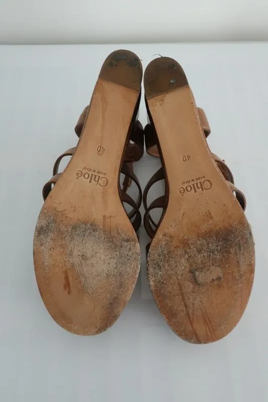 Chloe Platform Wedge Sandals Tan Leather Size 40 Slingback Heel