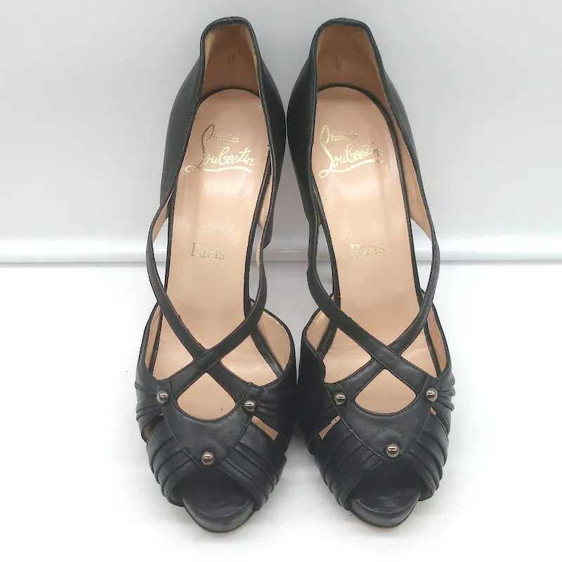 Christian Louboutin Scissor Girl Peep Toe Platform Pumps Black Leather Size 38.5