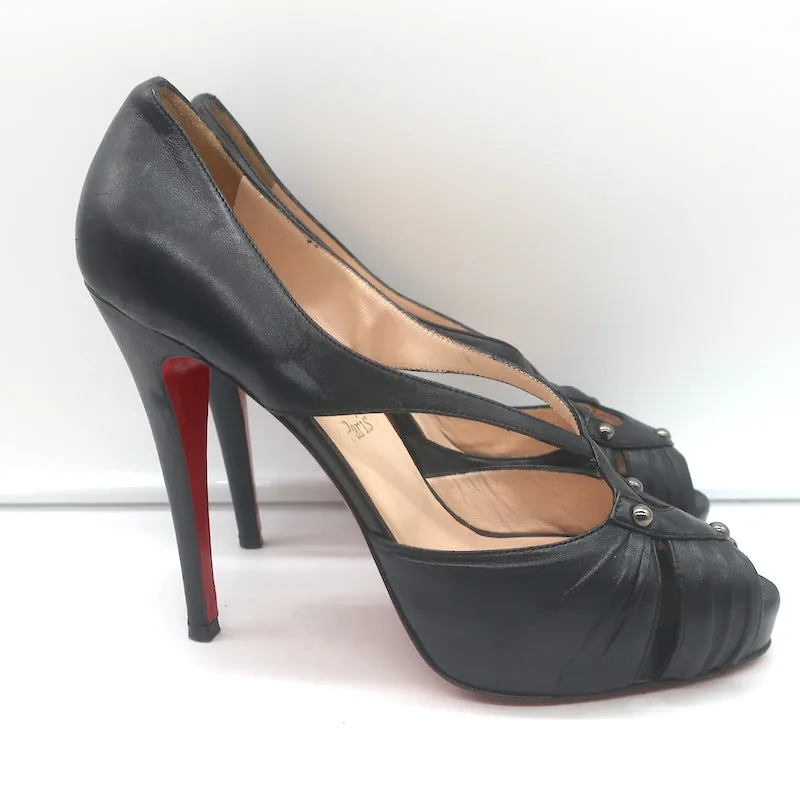 Christian Louboutin Scissor Girl Peep Toe Platform Pumps Black Leather Size 38.5