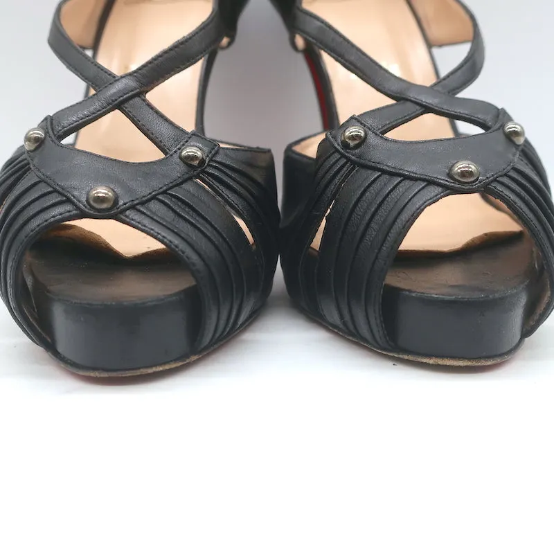 Christian Louboutin Scissor Girl Peep Toe Platform Pumps Black Leather Size 38.5
