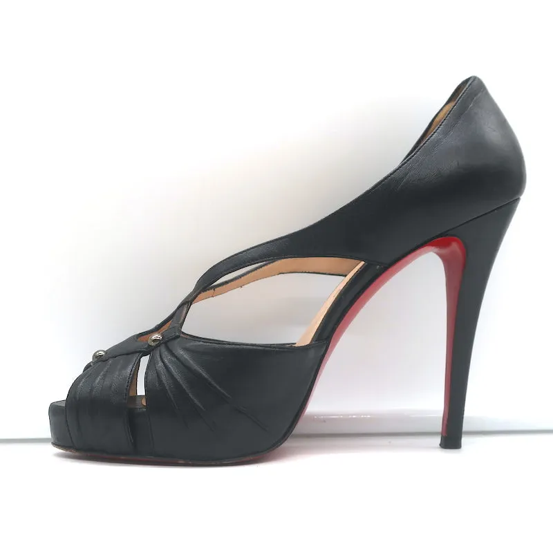 Christian Louboutin Scissor Girl Peep Toe Platform Pumps Black Leather Size 38.5