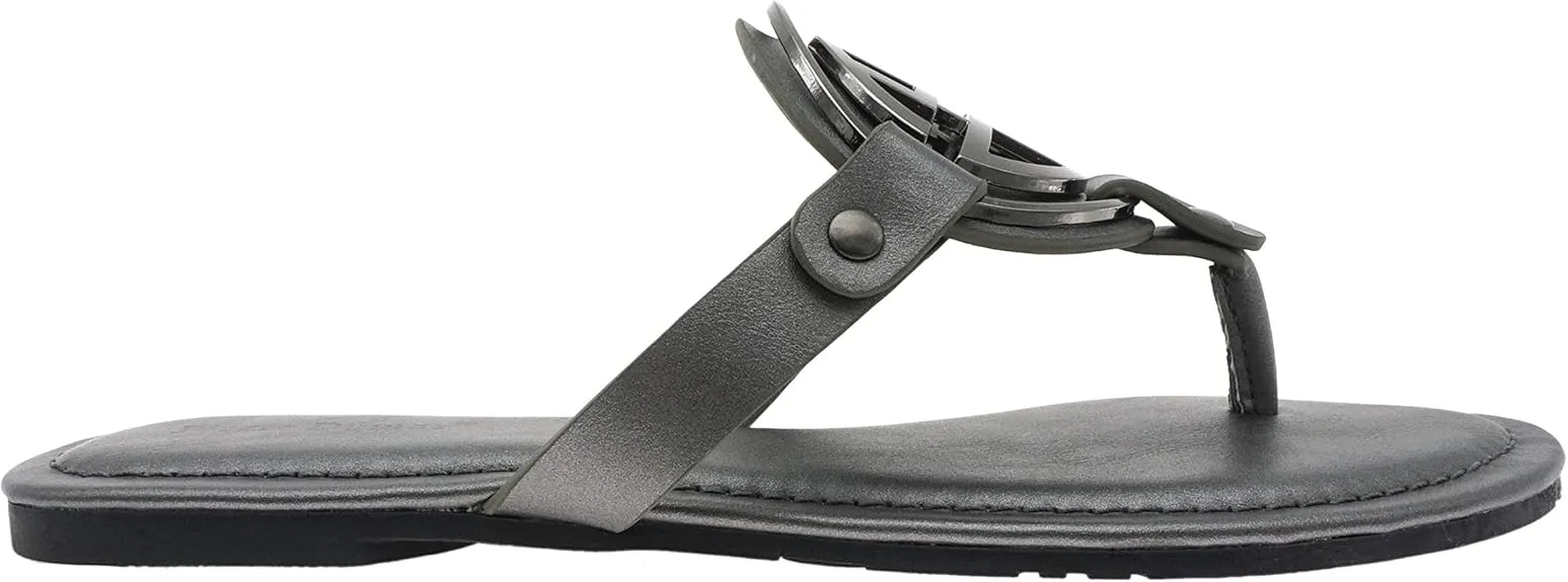 Pierre Dumas Women's Medallion Vegan Slide Thong Flip Flop Flat Sandal