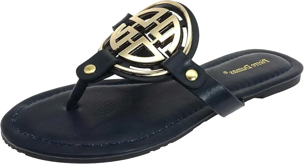 Pierre Dumas Women's Medallion Vegan Slide Thong Flip Flop Flat Sandal